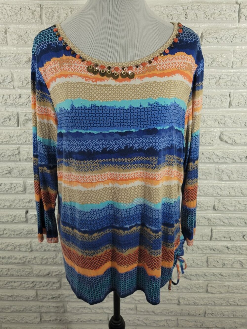 Ruby Rd XL Geometric Top Long Sleeve Ruched Studded Round Neck Stretch GEO212E